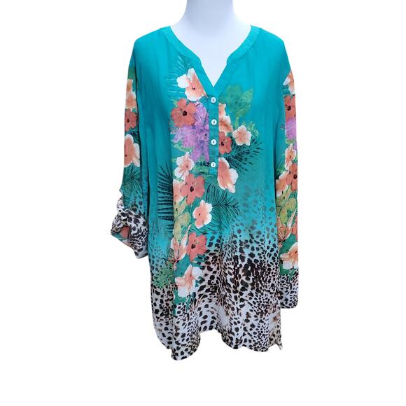 Soft Surroundings Teal Blue Green Printed Floral Top Roll Tab Sleeves Sz 1X - Picture 1 of 12